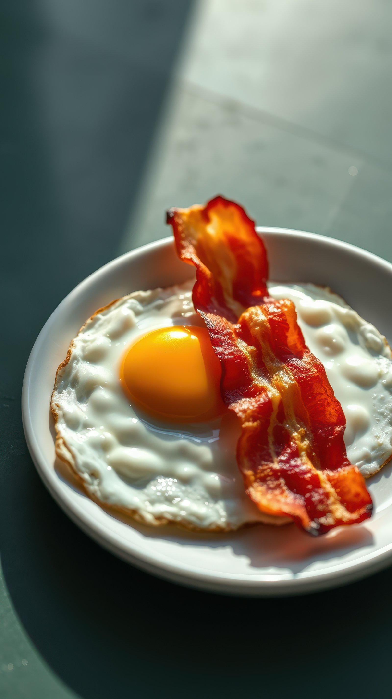 Crispy bacon and sunny side up egg served on a white plate on wooden table in morning light